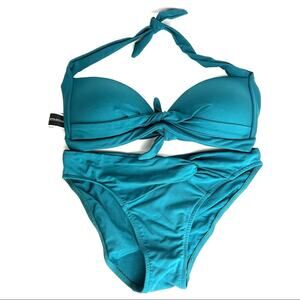 Jets by Jessika Allen Teal 2-Piece Push-Up Halter Bikini Set 6/8
